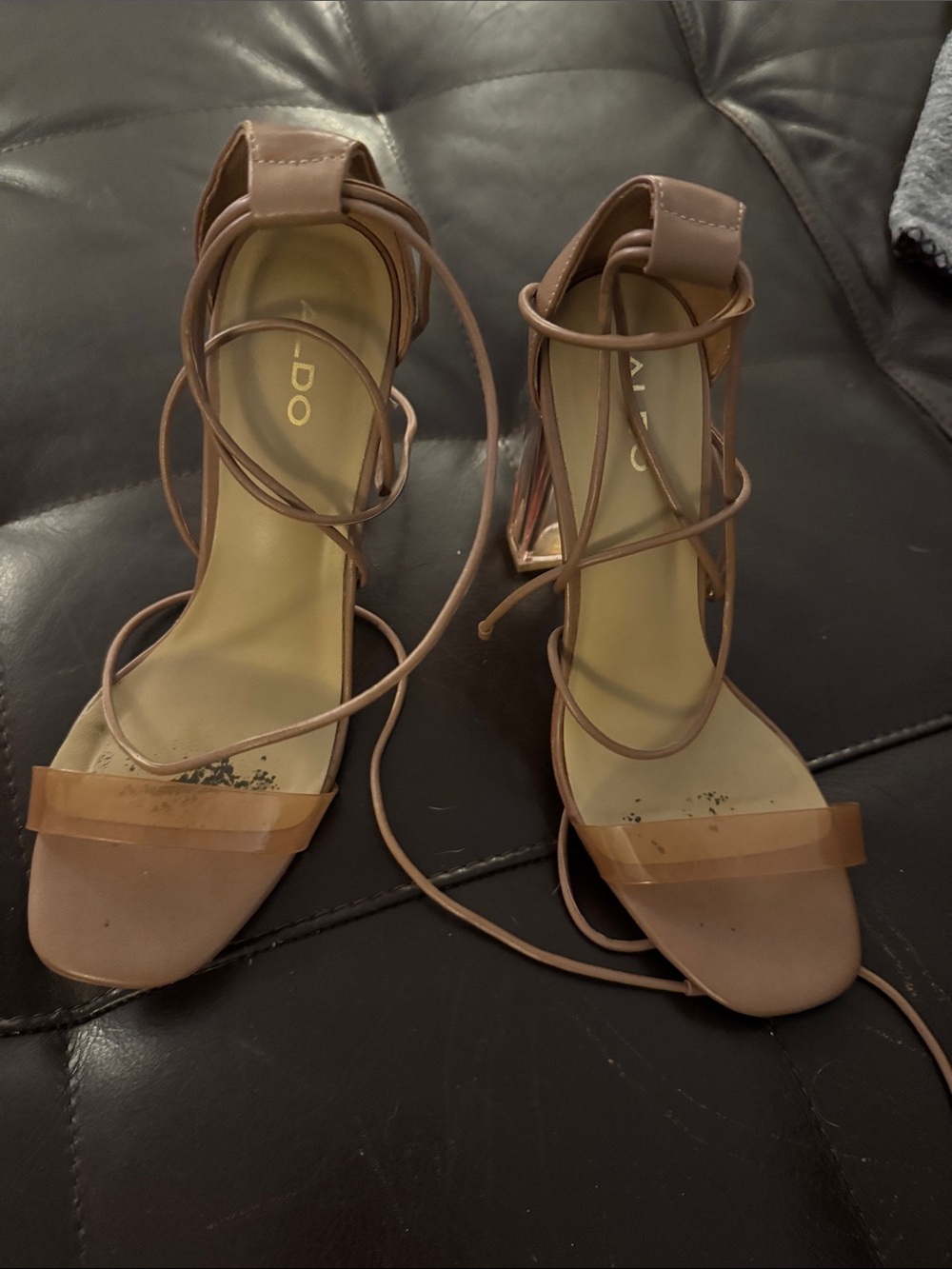 Aldo Nude/Tan Lace-Up Clear Strap Heels